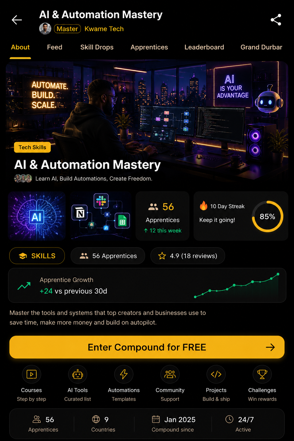 AI and Automation Mastery Compound details page showing About, Feed, Skill Drops, Apprentices, Leaderboard, and Grand Durbar tabs