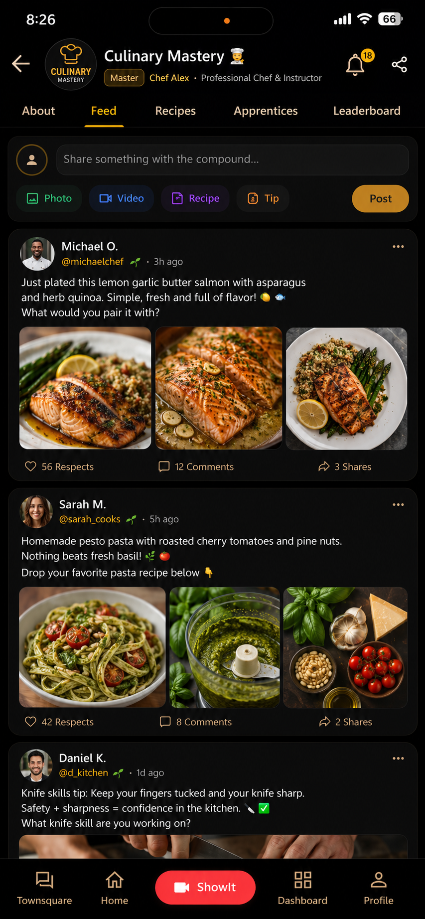 Culinary Mastery Compound Feed showing a post composer, recipe posts, photos, respects, comments, and shares