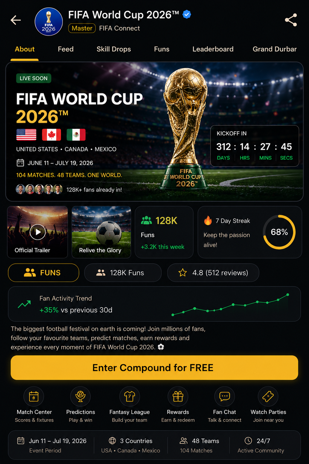 FIFA World Cup 2026 event Compound details page showing About, Feed, Skill Drops, Funs, Leaderboard, and Grand Durbar tabs