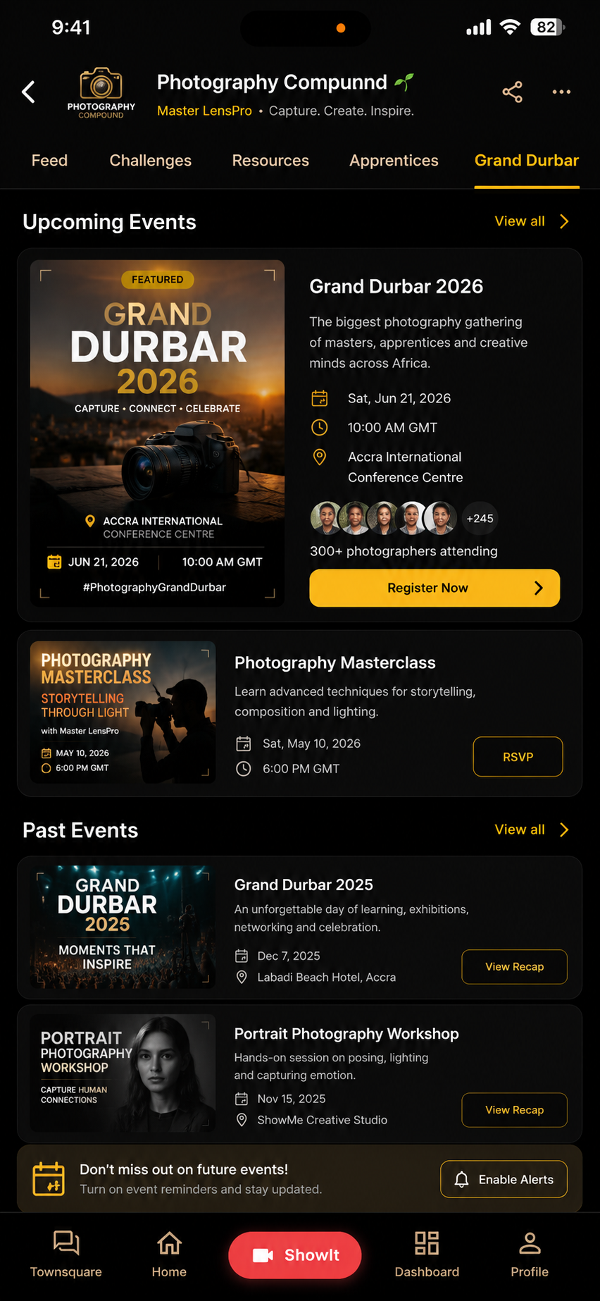 Photography Compound Grand Durbar tab showing upcoming events, registration, past event recaps, and event alerts