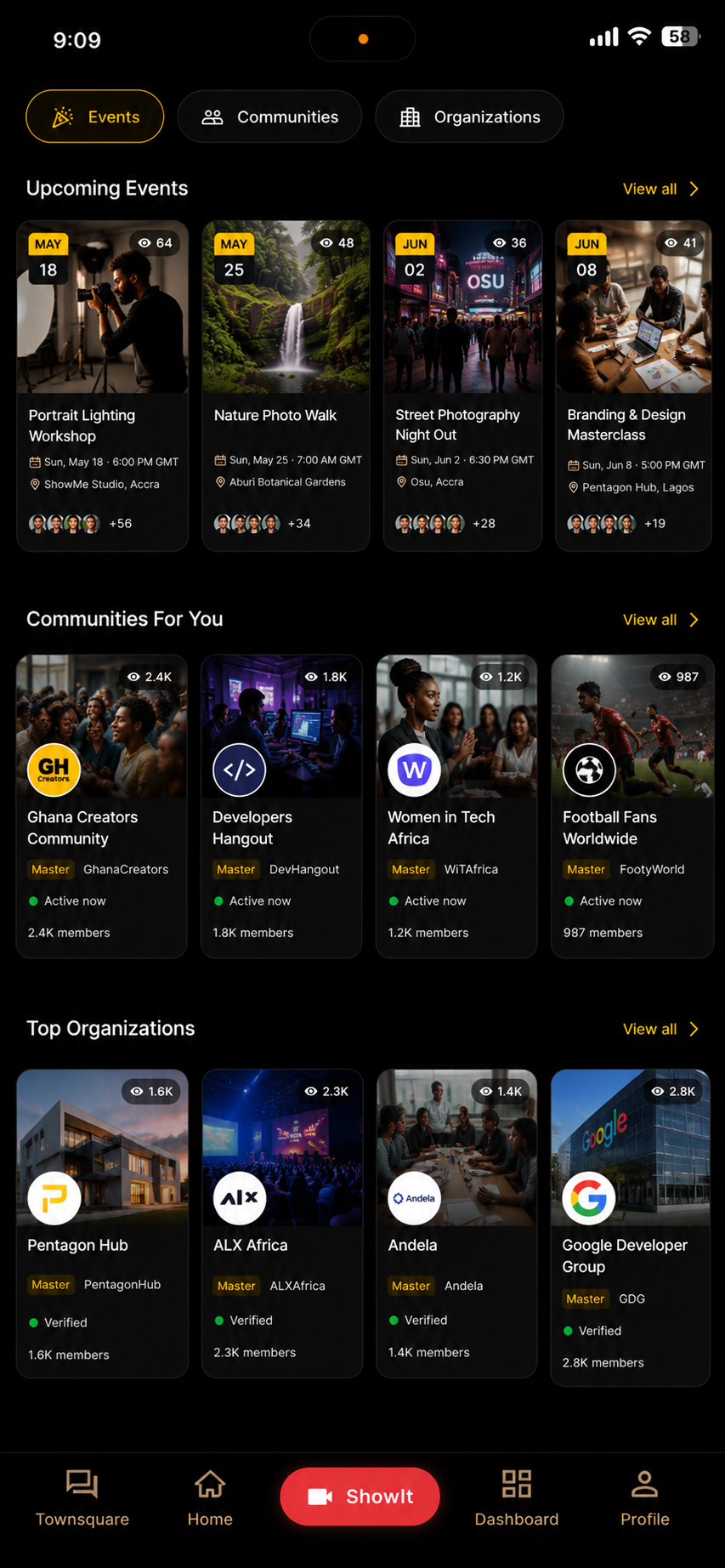 Explore categories showing Events, Communities, and Organizations rows with upcoming events, communities for you, and top organizations