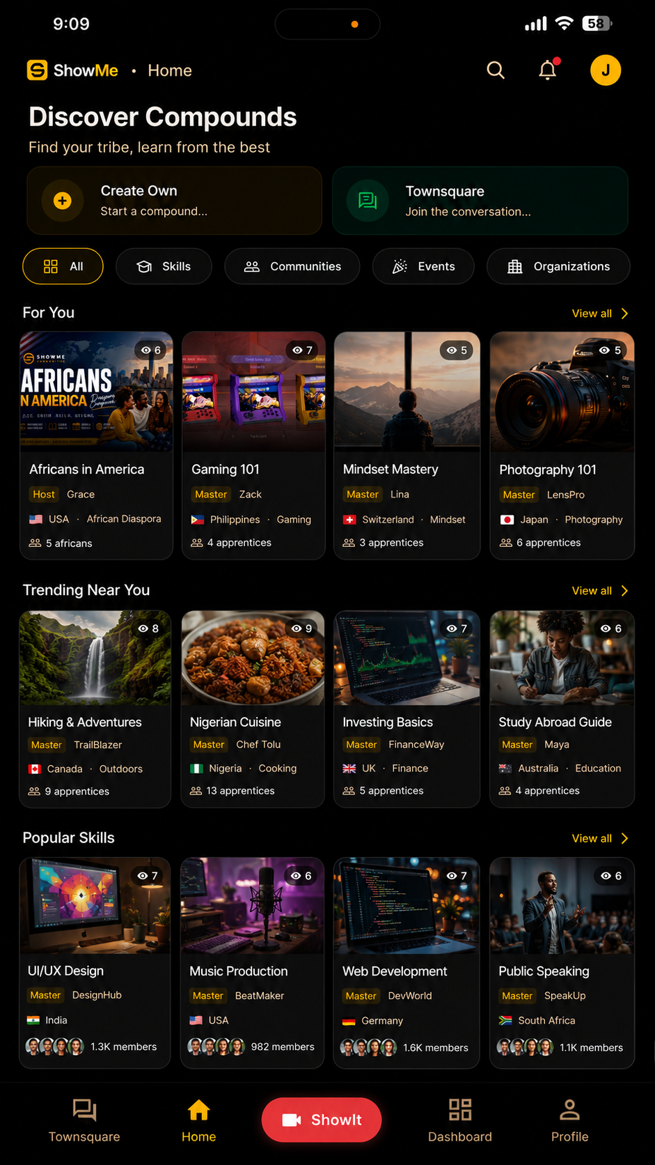 Discover Compounds home showing Create Own, Townsquare, category filters, For You, Trending Near You, and Popular Skills rows