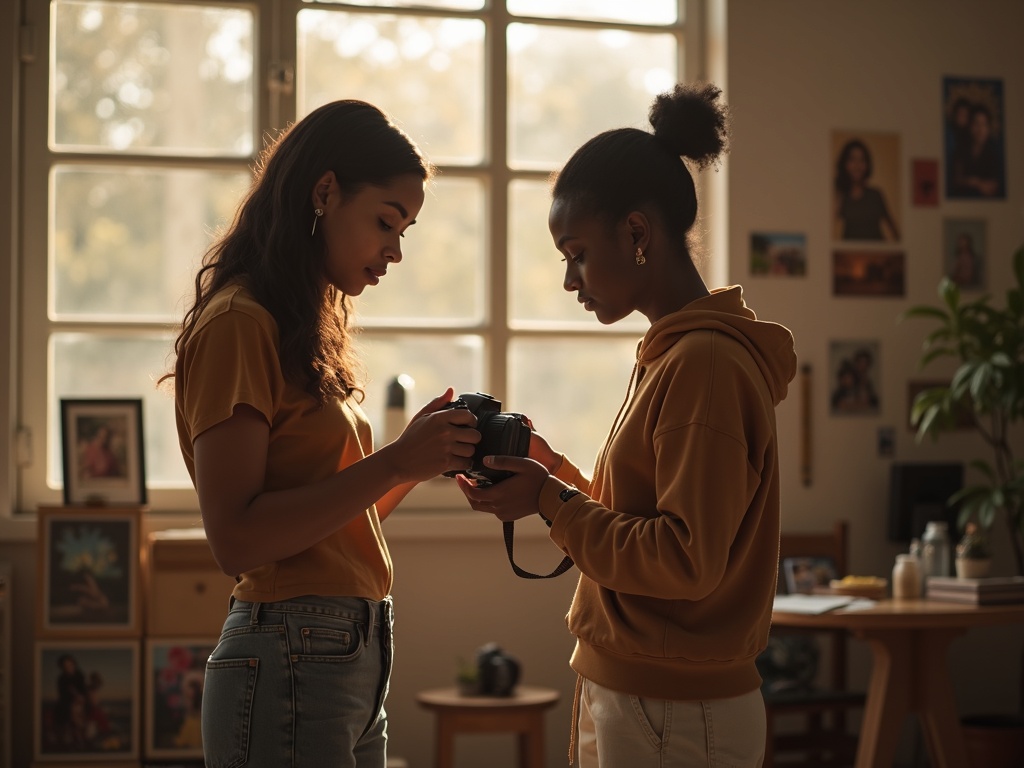 A photography instructor showing camera technique to her student in a sunlit studio