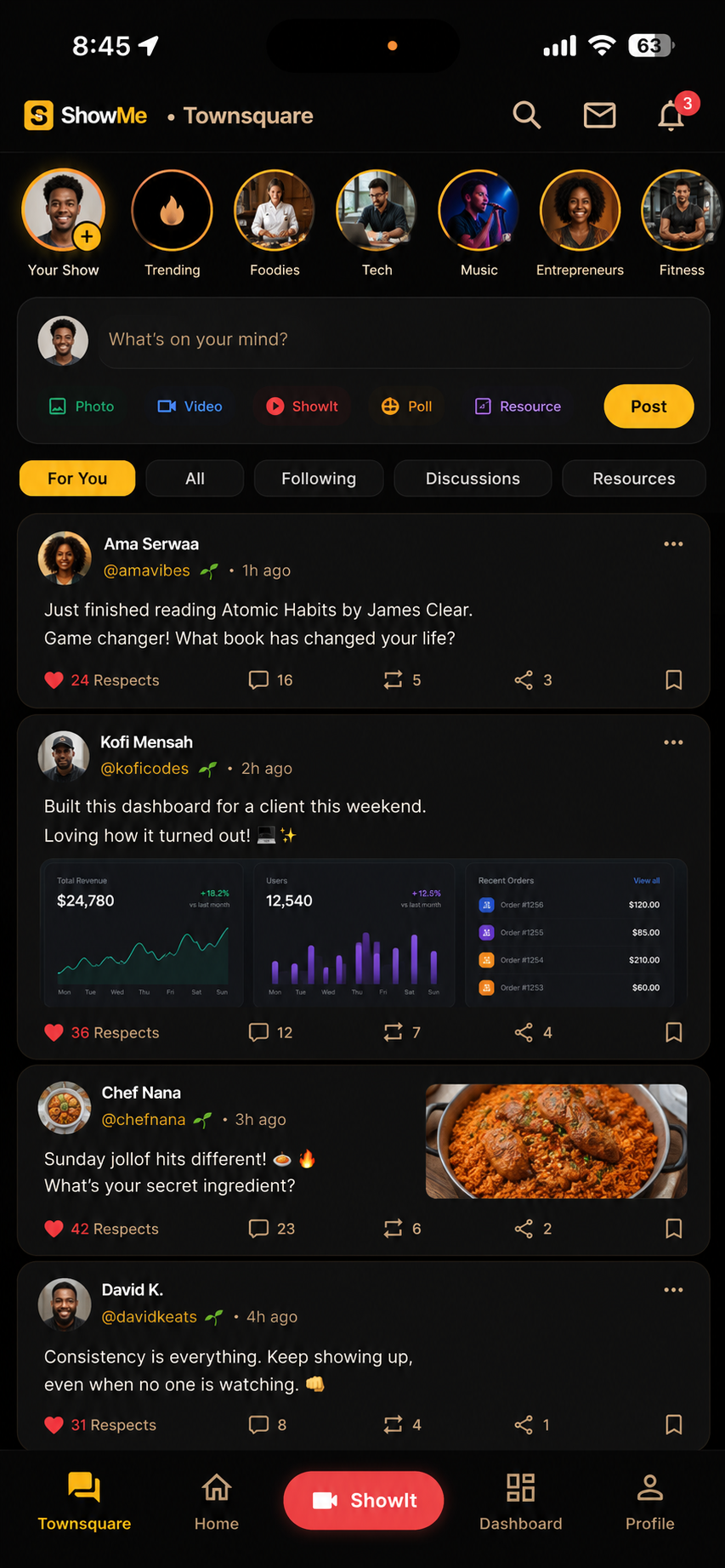 ShowMe Townsquare view showing story circles, a post composer, feed filters, public posts, respects, comments, reposts, shares, and bottom navigation